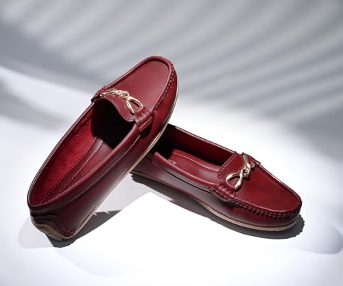 LOUIS STITCH Women's Rosewood Premium Slip-On Loafers with Buckle | Elegant Solid Slip-On Comfort Shoes for Casual and Formal Wear | Slip-On Loafer Shoes for Women | LSLD-BLR-HS02-RW | UK-5 Red
