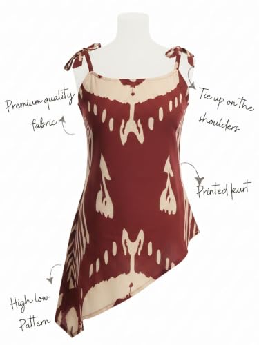 Dora Dori Women Viscose Rayon Ikkat Printed Kurti | Round Neck Sleeveless Asymmetric Hemline Corset Back Tie-Up Detailing | Maroon and Beige Short Kurti for Women | Casual, Office & Daily Ethnic Wear