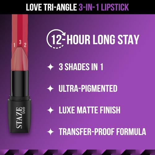 Staze 9To9 Love Tri-Angle 3 In 1 Matte Lipstick |3 Unique Shades In 1 | Transfer-Proof | 12 H Longstay | Non Drying Formula With Intense Color Payoff | 03 Caramel Rose | 3.8 G