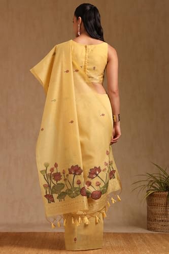 Soch Womens Yellow Chanderi Floral Print Saree With Zari Woven