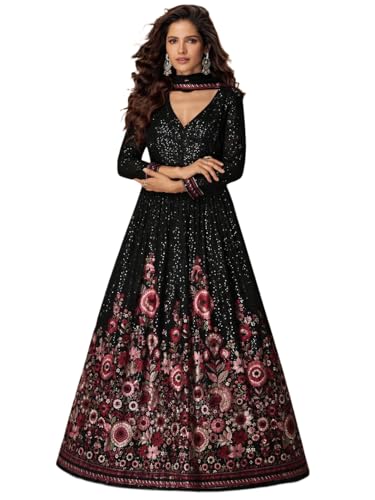 Miss Ethnik Women's Black Faux Georgette Stitched Gown with Embroidered Dupatta Full Sleeve Embroidered A-Line Gown (ME-1304-Black-XL)