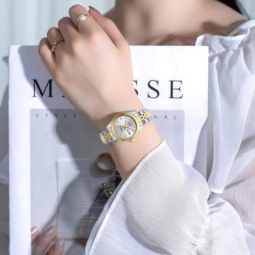 NIBOSI Watches for Woman Analog Quartz Stainless Steel Diamond Rose Gold Green Small Dial Women Watches Classic Wrist Watch Date Waterproof (A02-Gold Silver White)