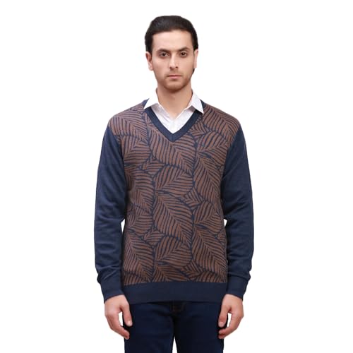 Colorplus Men's Tailored Fit Wool Blend Full Sleeve V Neck Jacquard Pattern Dark Blue Casual Sweater (Size: M)-CMWA03205-B6