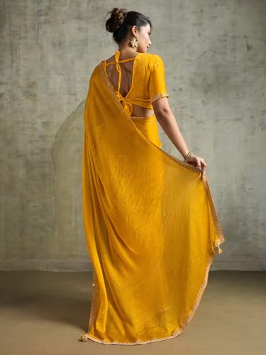 AKHILAM Women's Yellow Chiffon Embellished Saree With Unstitched Blouse Piece (AMELIA13003_SUM)