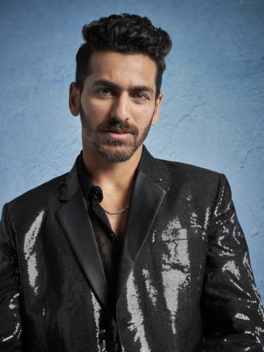 VASTRAMAY Men's Black Viscose Blazer & Pant Set - Allover Sequined Blazer Versatile to Be Adorned Over Shirt and Trouser