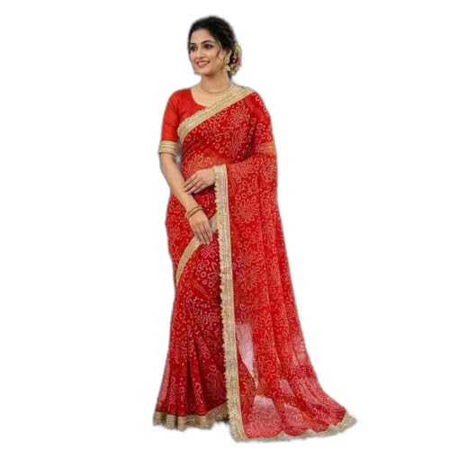 FreHee Red Bandhani Print Chiffon Saree with Gold Lace Border