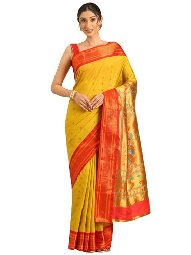Varkala Silk Sarees Muniya Paithani Saree, Silk Blend Traditional Maharashtrian Saree with Copper Zari Border, Peacock Pallu 5.5 Meter and Unstitched Blouse, Beige & Red