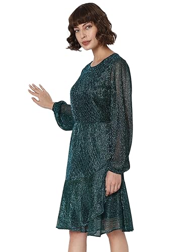 VERO MODA Women Textured Polyester Knee Length Green A-Line Dress
