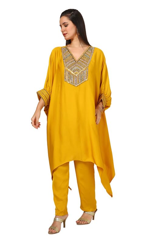 Soch Womens Mustard Viscose Crepe Kaftan Suit With Mirror Work