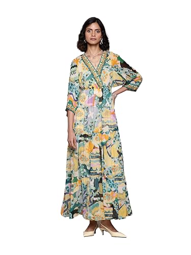 Label RITU KUMAR V Neck Short Sleeves Printed Long Dress Green