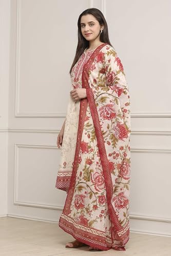Biba Women Off White Cotton Printed Straight Suit Set_32