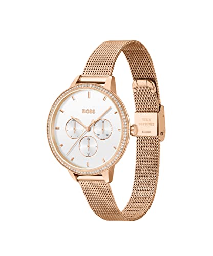 BOSS Prime Qtz Multifunction White Round Dial Women's Watch|Ionic Plated Carnation Gold Steel Material|Carnation Gold Color Band - 1502663