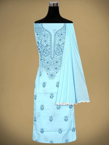 Ada Hand Embroidered Lucknowi Chikankari Unstitched Cotton Dress Material Suit Piece with Dupatta for Women 01A868001 Sky Blue