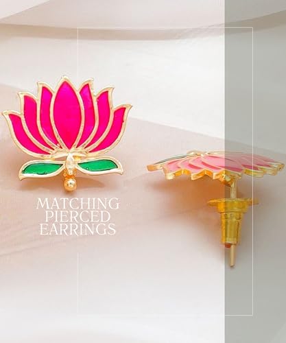 Mansiyaorange Pink & Green South Indian Temple Lotus Motif 18 K Gold-Plated Enamelled Ethnic Traditional Choker Neckalce & Earring Jewellery Set