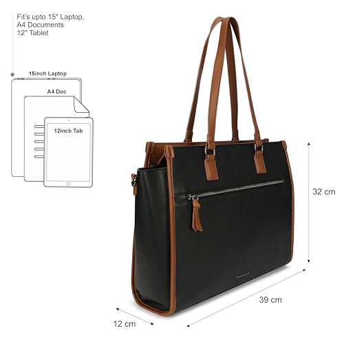 Fastrack PowerCarry Laptop Tote | Faux-Leather Laptop Tote for Women | Dual Compartments, 15'' Padded Laptop Sleeve, Adjustable Webbing Strap, Trolley Loop & External Quick-Access Pocket