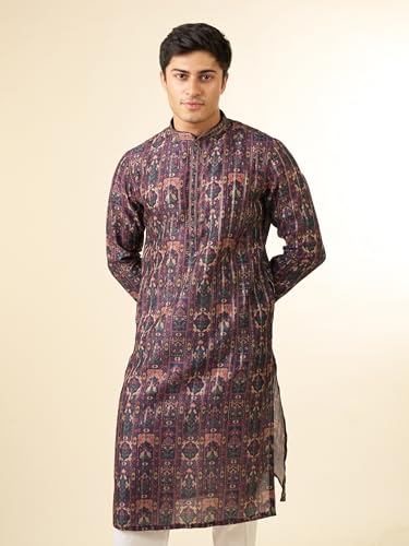 DIWAS BY MANYAVAR Men's Art Silk Printed Kurta Set (Dark Blue,S)