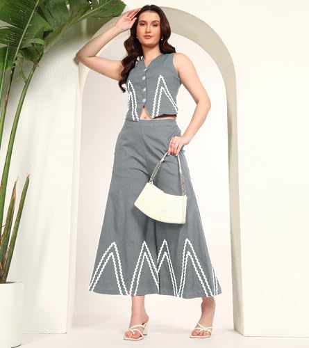 DEEBACO Women's Solid Lycra Ankle Length Waist Coat with Palazzo|V-Neck|Cord Set for Women Fashion|Long Jumpsuits Western Dress for Women Stylish|Two Piece Co ord Set|Casual Wear(DBCO00002276_XL_Grey)