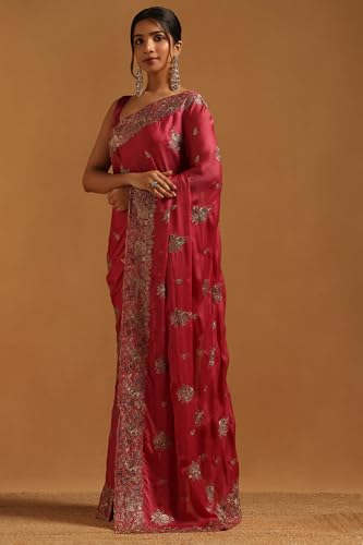 Soch Womens Onion Pink Fendy Chiffon Floral Saree With Stone Work