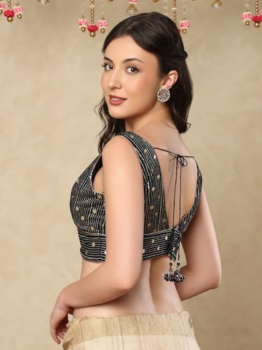 S SALWAR STUDIO Navy Blue Velvet Sleeveless Readymade Saree Blouse