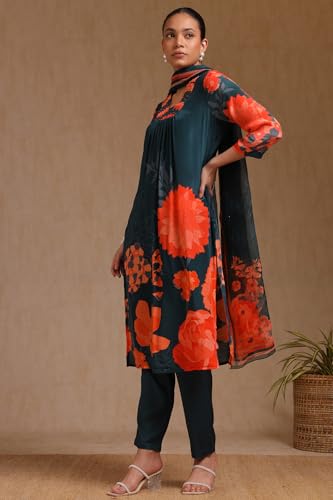 Soch Womens Teal Green Crepe Floral Print Suit Set With Beads