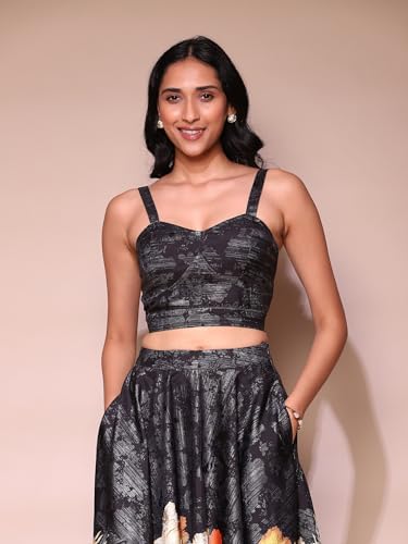 Label RITU KUMAR Black Floral Top with Skirt Co-ord Set