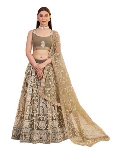 Zeel Clothing Women's Cotton Thread Sequins Work Embroidery Soft Net Lehenga Choli With Dupatta (NFH-2144-Ivory-Women-Lehenga-Choli-New; Free size) (Ivory)