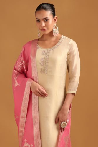 Soch Womens Beige Viscose Blend Floral Salwar Suit With Zari Embroidery and Cutdana