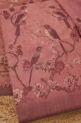 Soch Womens Onion Pink Linen Shimmer Bird Motifs Unstitch Dress Material With Thread Work