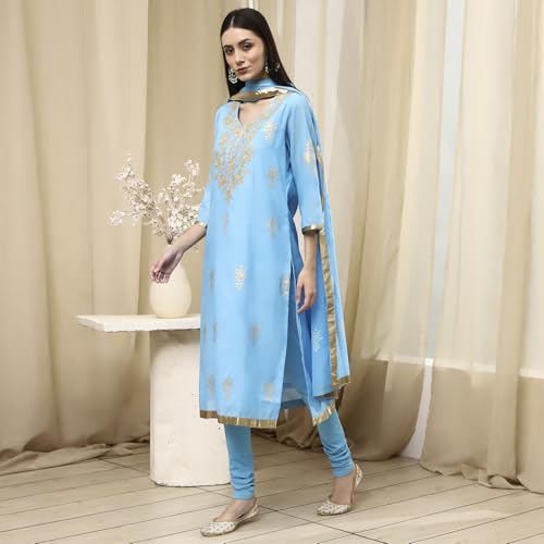 Biba Women Blue Poly Chanderi Fitted Kurta Set_34