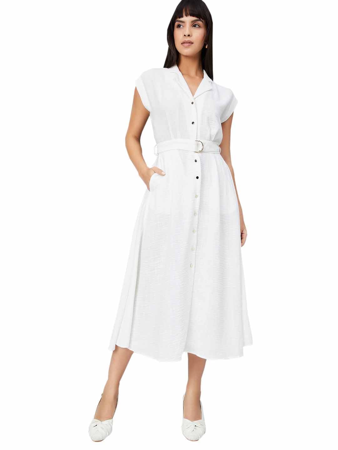 Max Women Solid A-line Belted Dress (Off White_S)