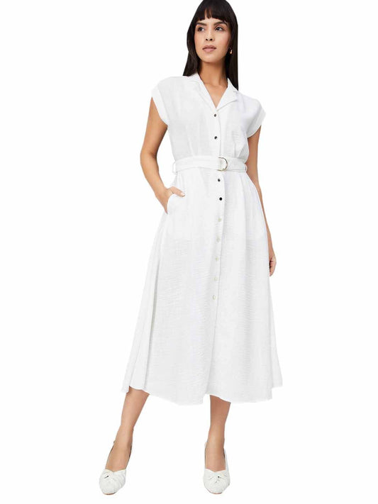 Max Women Solid A-line Belted Dress (Off White_S)
