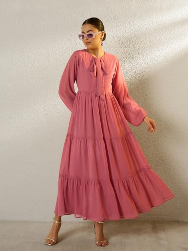 Sassafras Women Pink Round Neck Full Sleeve Maxi Dress-S