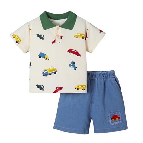 Hopscotch Boys Short Sleeves Cream Vehicle Print Short Set For Ages (18-24 Months)