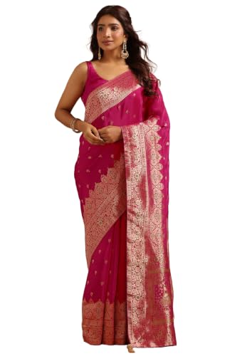 Soch Womens Fuchsia Crepe Ethnic Motifs Zari Woven Saree