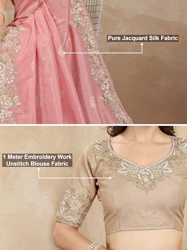 TRENDMALLS Women's Jacquard Silk Embroidery work Saree with Unstitched Blouse Piece (K1063-Peach)