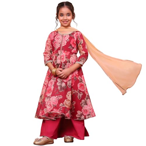 Biba Girls Wine Flared Poly Modal Printed Kurta suit set