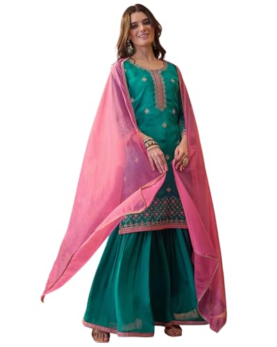 SheWill Firoji Poly Chinon Zari Sequence Thread Embroidered Kurta With Sharara And Dupatta (SHEKS10335_ANANT_A)