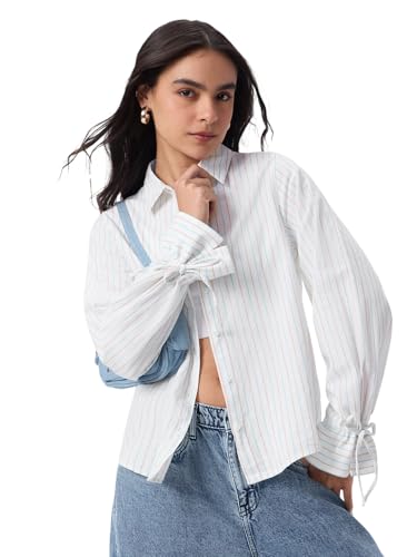 The Souled Store Cotton Linen: Prisma Women and Girls Full Sleeves Spread Collar White Striped Regular Fit Lightweight All-Season Cotton Linen Shirt