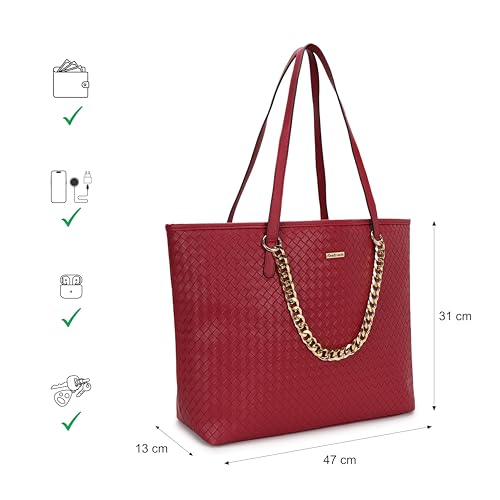 Fastrack Textured Oversized Structured Tote Bag for Women, Girls and Ladies | Fits Upto 15" Laptop with a Unique Gold Metal Chain Accent | Totes for Casual Carry | With Spacious Zipper Compartment
