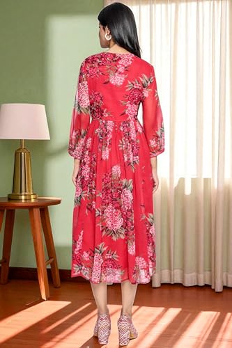 W for Woman Crimson Red Printed Chiffon Flared Dress (Size: M)-W12964-125850