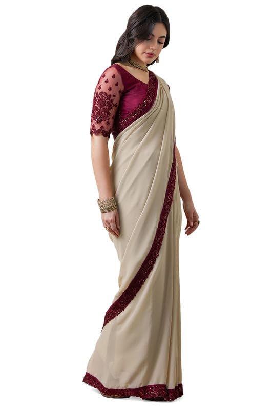 Soch Womens Beige Sequin Lace Border Georgette Saree