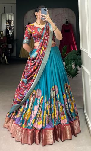 FIBREZA Women's Tussar Silk Lehenga Choli Set Semi-Stitched | Patola Print with Foil Work | Unstitched Blouse | Designer Ethnic Wear for Navratri, Wedding, Festival Prewedding Photoshoot (Rama)