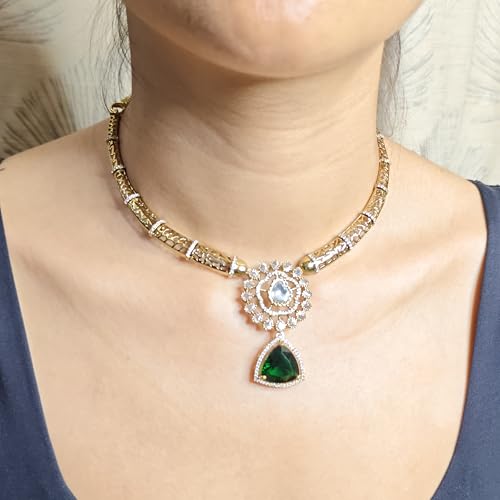 ZYRA JEWELS Micro Gold Plated Floral Necklace Set with American Diamond, Zircon & Moissanite Stones | Party Bling Luxury Designer Jewelry for Women & Girls (Emerald Green)