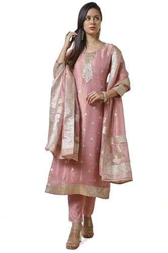 Soch Womens Pink Zari Woven Straight Tissue Suit Set With Sequins