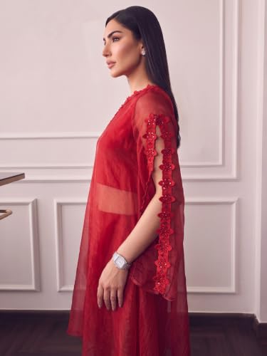 Varanga Women Ombre Red A Line Kurta Palazzos Set One Shoulder Sleeveless