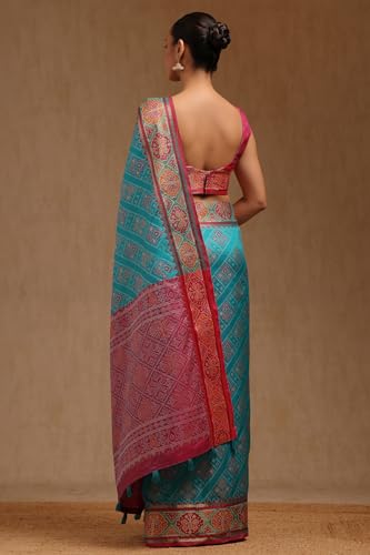 Soch Womens Turquoise Blue Silk Blend Woven Design Saree With Thread Work