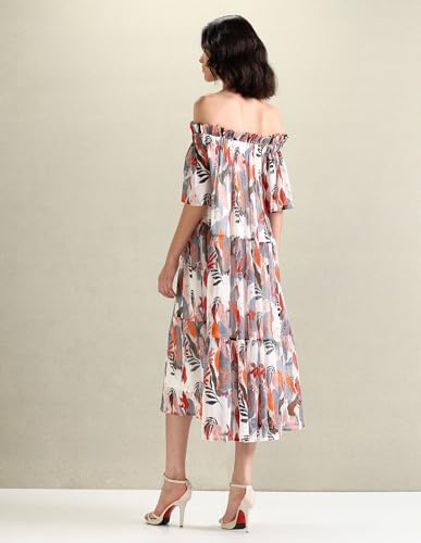 U.S. POLO ASSN. Women's Polyester A-Line Midi Casual Dress (UWSS24DRS132_White, Grey and Red