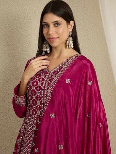 Miss Ethnik Women's Maroon Chinon Stitched Gown With Dupatta Full Sleeve Embroidered A-Line Gown (MEY-1236-Maroon-3XL)