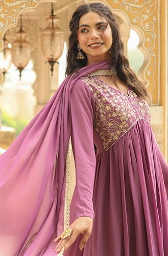 Janasya Lavender Yoke Embroidery Kurta with Palazzo & Dupatta For Women Georgette Fabric Latest Fashion