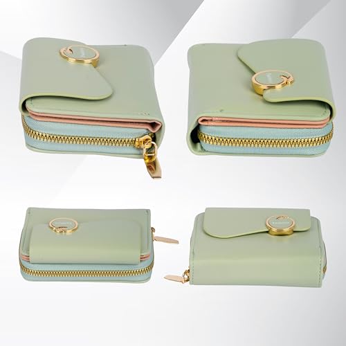 PRANIJ Small Leather Bifold Wallet for Women Fashion Compact Slim Credit Card Holder with Zipper Coin Pocket, Mini Clutch Purse for Girls (Pale Green)
